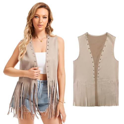 Chaleco de flecos para Halloween disfraz de hippie años 70 y fiestas temáticas retro mujer