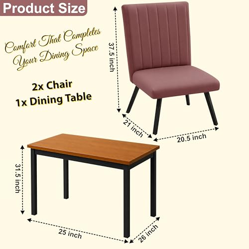 Image of Rosebell Set of 2 Dining Table Chairs with Wooden Top Table, Upholstered Cushioned Chairs, Modern Compact Dining Set for Home, Kitchen & Dining Room (Rose Pink)