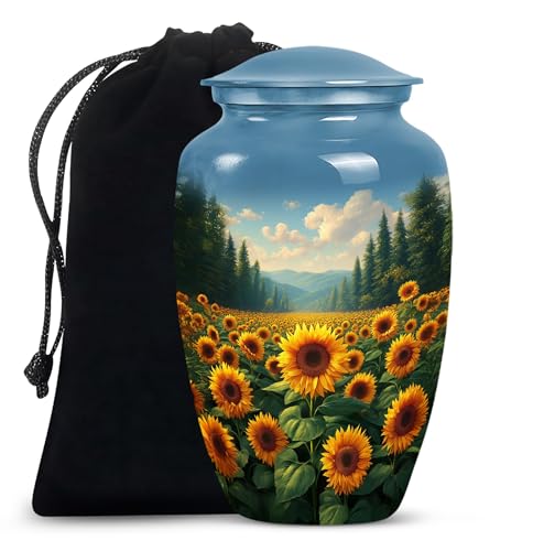 Image of Sunflower Flower Urns for Human Remains - Blue Funeral Urns for Adult Ashes Women - Yellow Sunflower Urn for Human Ashes Adult Male - Large Decorative Urn for Mom and Dad 10inch