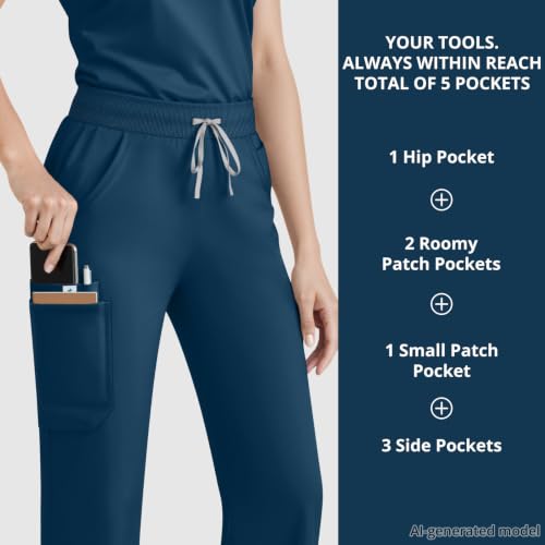 Image of Women's 7-Pocket Scrub Pants - Straight Leg, Mid-Rise, Drawstring | Soft stretch knit Mid-rise drawstring Side slits Wrinkle-resistant Machine washable For nurses /doctors /vets