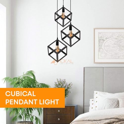 Image of JACKAL Vintage Pendant Light (with Bulb) | Decorative Fancy Lights for Home, Living Room, cafe, Restaurants & Bar (Vintage, 3 Set Cube Pendant, Metal, Medium, 1, LED Pendant Light)