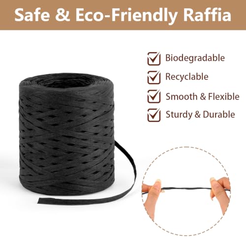 Image of BEVTEE 436 Yards Raffia Yarn for Crochet, Ribbons for Crafts, Black