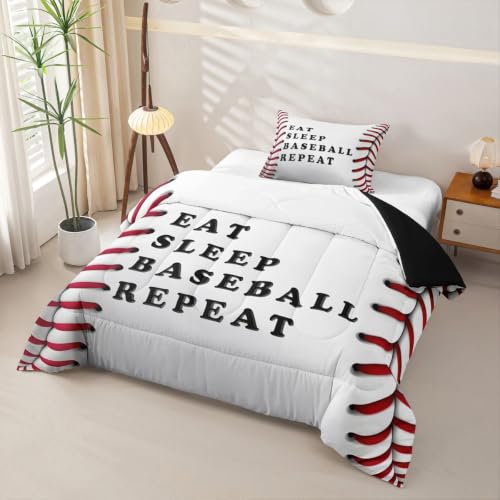 Image of Feelyou Baseball Comforter Set Twin Size Ball Pattern Bedding Set for Kids Boys Girls Eat Sleep Sports Theme Duvet Quilt Bedroom Decor Microfiber 2 Pcs with 1 Pillow Case