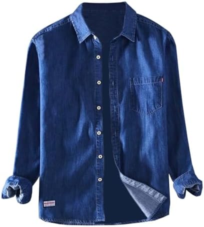 Mens Shirts Long Sleeve Button Down Shirts Casual Denim Tops Western Jean Shirt Lightweight Breathable Top Thin Pocket Shirt