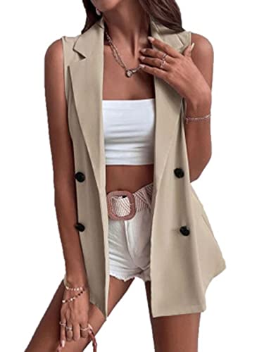 Bigeoosh Women's Sleeveless Open Front Cardigan Vest Casual Double Breasted Vest Blazer Jacket With Pockets #TOP1