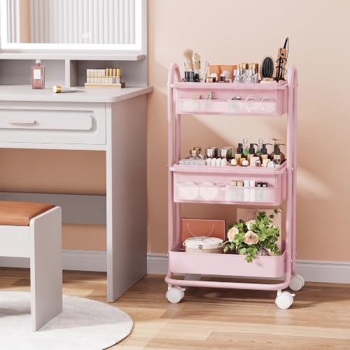 Image of Modanais Baby Diaper Caddy Organizer Cart - 3 Tier Rolling Storage Cart with Wheels, Baby Essentials for Nursery Storage, Detachable Dividers - for Crib, Bedroom, Art & Craft Organizer (Pink)