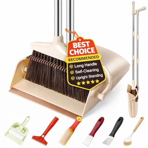 La mejor selección de Juegos de escoba y recogedor disponible en línea. 45 Juego de escoba y recogedor con mango largo y 6 herramientas de limpieza adicionales, combinado de pie vertical con dientes autolimpiables y recogedor a prueba de viento para pelo...