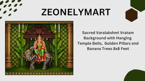 Image of varalakshmi Pooja Backdrop Decoration | Varalakshmi Vratam Background with Hanging Temple Bells, Golden Pillars and Banana Trees 8x8 Feet | Lakshmi Pooja Background