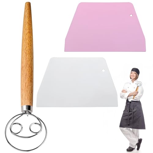 3 Pcs Long Wooden Handle Bread Dough Mixer and Scraper - Stainless Steel Easy Whisk for Dough and Cake Making