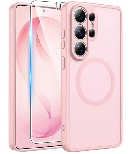 FNTCASE for Samsung Galaxy S26-Ultra Case: [Fit for Magsafe] [Full Camera Protection] Translucent Matte Cases with [Screen Protector] Military Grade Shockproof Protective Phone Cover - Light Pink