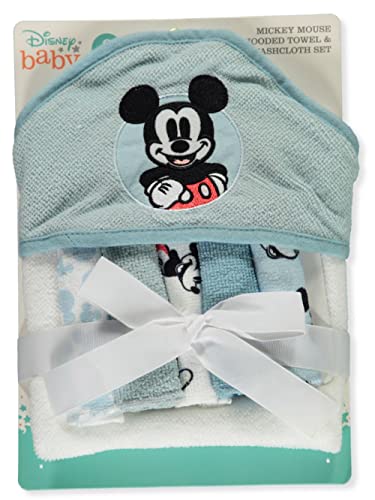 Cudlie Accessories Disney Baby Mickey Mouse Hooded Towel with 5 Piece Washcloth Set, Cool Style Print, GS71795 Blue one size