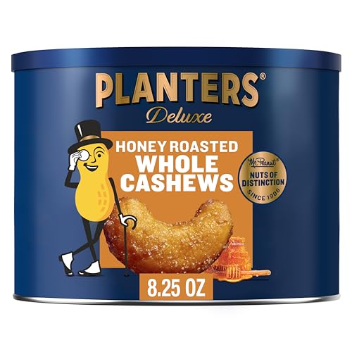 PLANTERS Deluxe Honey Roasted Whole Cashews, Party Snack, Plant-Based Protein, After School Snack, Sweet and Salty Snack Nuts, Quick Snack for Adults, Flavored Cashews, Kosher, 8.25oz Canister