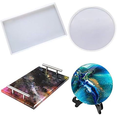 2Pack Large Resin Mold,Oversized Silicone Tray Molds for Epoxy Resin,Include Round,Rectangle Shaped Plate Molds for Resin Casting,Home Decorations Crafts Cover
