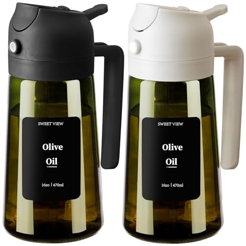 SWEET VIEW Lot de 2 Vaporisateur à Huile et Distributeur d Huile – 470 ml en verre résistant à la lumière pour cuisine, friteuse à air, cuisine, salade...