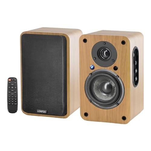 LONPOO Bookshelf Speakers,100W Powered Speakers with Inside Amplifier Bluetooth Bookshelf Speaker System Optical/Coaxial/HDMI/USB/AUX Input for TV and PC (Log)