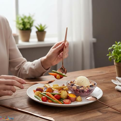Image of Slim Handle Rose Gold 20 Pcs Stainless Steel Cutlery Set for Dining Table, Dishwasher Safe Glossy Flatware (5 Spoon Set + 5 Forks Set + 5 Butter Knife + 5 Dessert Spoon)
