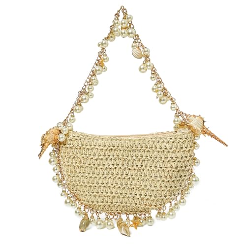 Image of Pearl Straw Clutch Purse for Women Summer Vacation Purses Beach Evening Bag Beaded Shell Handbag