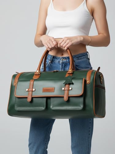 Image of Premium Leather Duffle Bag for Men & Women | Genuine Leather Travel, Gym & Office Bag | Stylish Handcarry & Sling Weekend Cabin Luggage Bag|Green