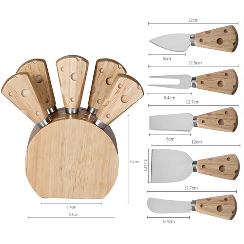 yekulanyue Cheese Knife Set with Wooden Stand, 5pcs Stainless Steel Knives, Wooden Handles with Swiss Cheese Design - Image 3