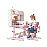 TAKEAUFLY Kids Desk and Chair Set, Height Adjustable Study Desk with One-Touch Tilting Desktop (0–50°), Storage Drawer & Bookshelf, Ergonomic Desk for Boys and Girls Ages 3–12 (Pink)