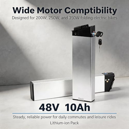 Image of 48V 10Ah Ebike Battery with Smart BMS & Safety Lock, 480Wh 13S4P 52-Cell Pack, Silver Aluminum - Powers 200W-350W Folding Electric Bikes, Compatible with SAMEBIKE KAISDA FIIDO M1 Pro (48-)