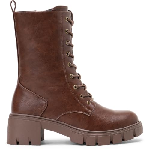 Image of Vepose Women's Mid Calf Combat Lace Up Chunky Platform Boots