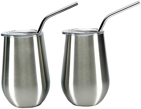 Insulated Double Walled and Vacuum Sealed Stemless 12 oz Stainless Steel Elegant Wine Glass Tumbler Set of 2 with Lids and Stainless Steel Straws - No Sweat- No Seams - Dishwasher safe