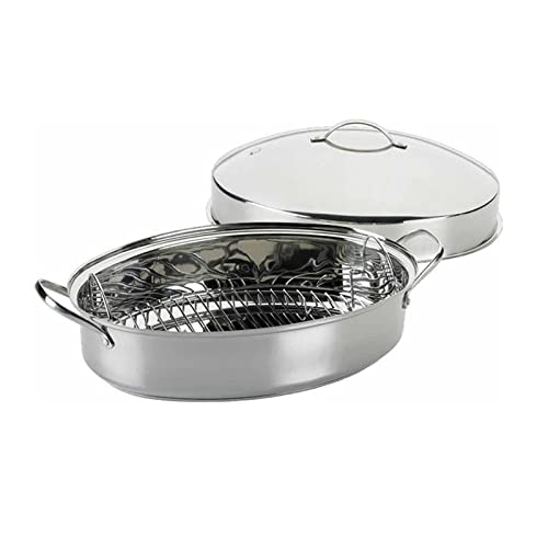 Generic Stainless Steel Oval Roaster Set - Roasting Pan with Rack and Lid - Induction Compatible Dishwasher Safe Oven Safe Turkey Roaster(Regular)