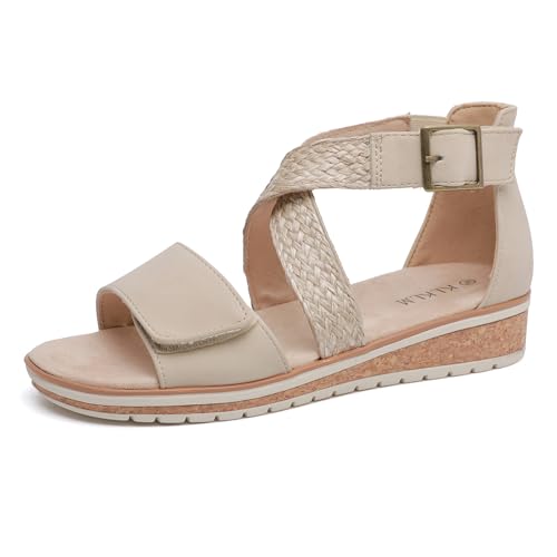 KLKLM Damen Sandalen Sommer-Trend Bequeme Sandalen mit Geflecht-Technik Metallschloss Wedgeabsatz (3.5cm) & Klett-Oberdesign für Alltag Beige 38