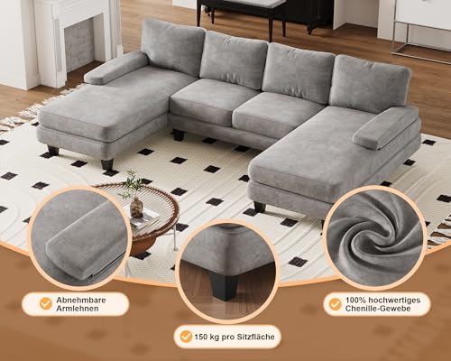JUMMICO Ecksofa mit Schlaffunktion, Wohnlandschaft Eckcouch Sofa mit Abnehmbarer Sofabezug, U-Form Couch für Wohnzimmer & Schlafzimmer (BxTxH) 292x111x92cm, Grau – Bild 4