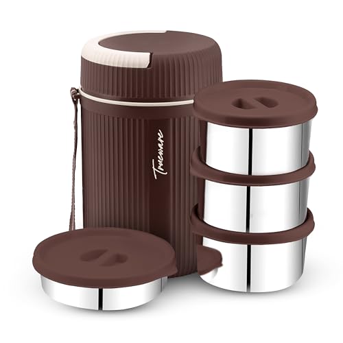 Image of Trueware Plastic Grub 4 Double Wall Insulated Hot Lunch Box with 3 SS Container 300 Ml Each & 1 SS Container 200Ml | BPA Free | Food Grade | Hot and (LBI-GRB-004-Brown BAZ)