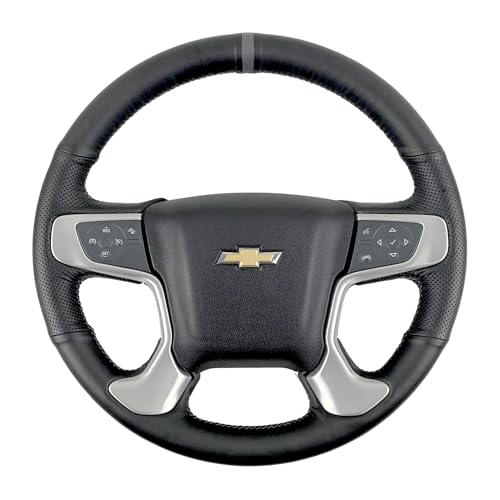 Hand-Sewing Steering Wheel Wrap Cover Black Perforated Leather/Grey Marker Strip Wrap Interior Protection Accessories for GMC Denali/Yukon/GMC Sierra 1500 2500 3500 2014 2015 2016 2017 2018 2019