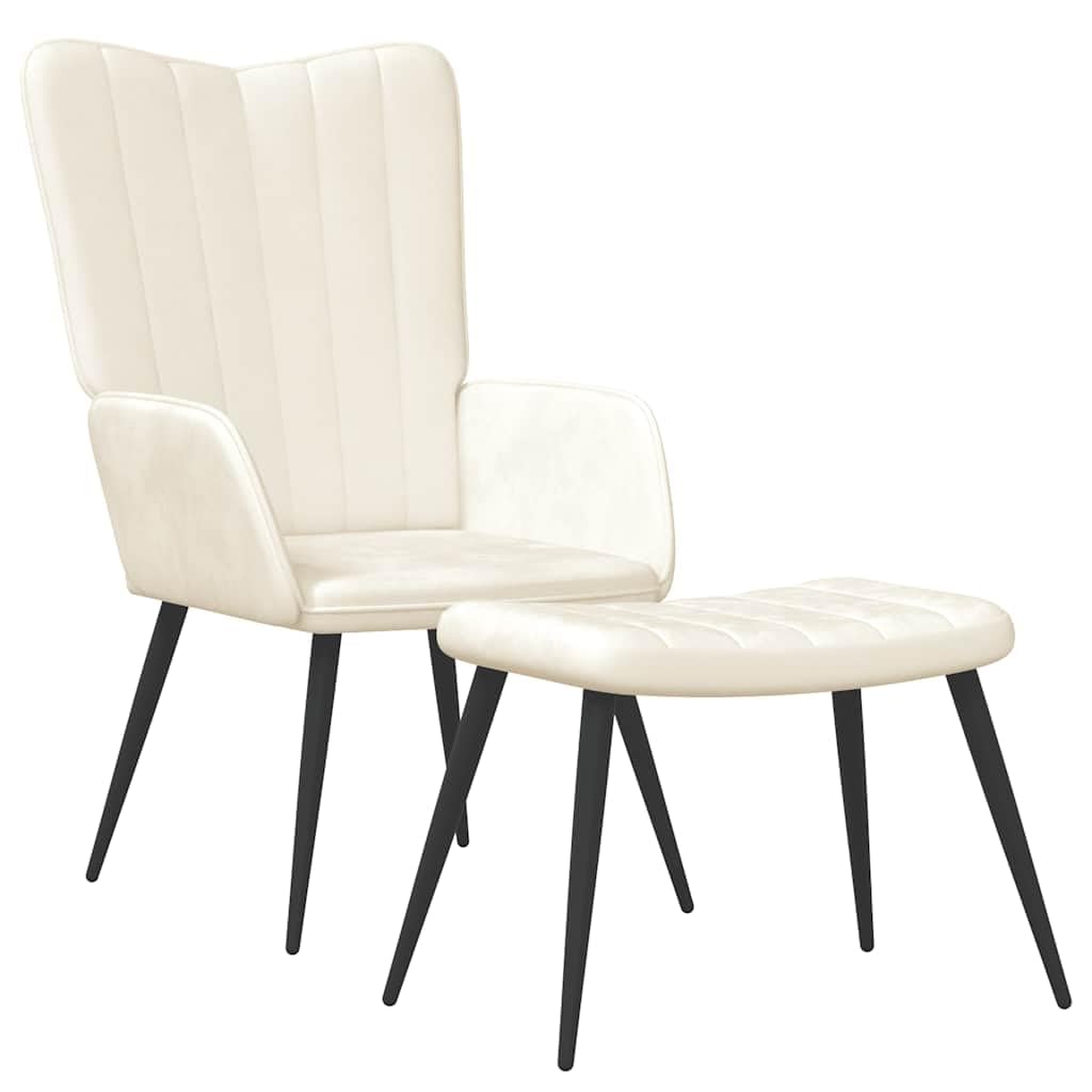Poltrona relax con sgabello, in velluto, colore bianco crema, con struttura in acciaio, moderna poltrona relax con poggiapiedi, poltrona singola imbottita per soggiorno e camera da letto