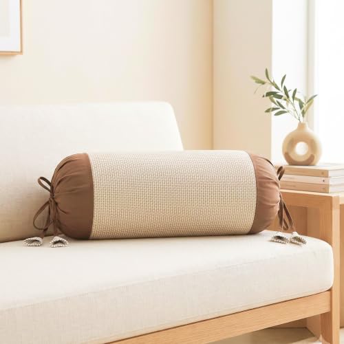 Image of SAJAVAT HOME Pure Cotton Round Bolster Cover Set of 1 | Beige & Brown Decorative Side Pillow Cover | 32 x 15 Inch Cushion Cover with Adjustable Ties for Sofa, Bed, Diwan & Home Decor