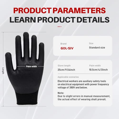 GOL-SIV 400V Electrician Gloves - Insulated Electrical Gloves For Electrician,Flame Retardant,Rubber Safety Non Slip Work Gloves,Low Voltage,Touch Screen (Black,Large)