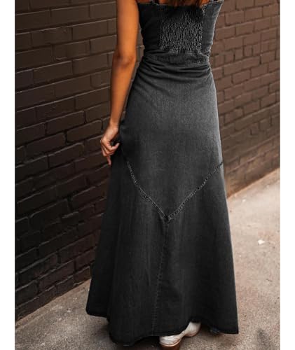 Image of SOMTHRON Women's Spaghetti Strap Button Down Denim Dress Smocked A-Line Washed Bodycon Maxi Jean Dress