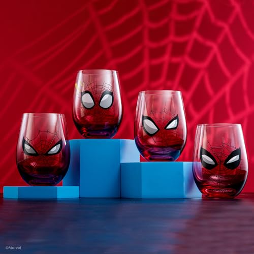 Image of JoyJolt Marvel Spider-Man Spidey-Sense Stemless Drinking Glasses, 19oz Superhero Glass Tumblers, Set of 4 Drink Glasses, Marvel Gifts for Men and Women