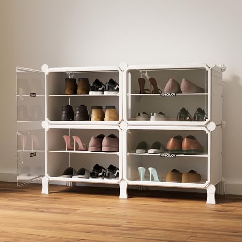 BOXJOY 8 Shelf Horizontal Shoe Rack with 4 Doors, Magnet & 5 Hook Steel Holder for Home Storage Box Organizer, Hard PET Plastic with Metal Frame, Shoe Chappal Slipper Stand(White, Transparent Door)