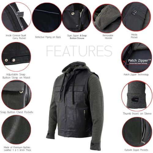 Image of Milwaukee Leather Men's Leather Motorcycle Vest w /Hoodie | Removable Hoodie, Conceal Carry Storage, Patch Ready Back, Club Style