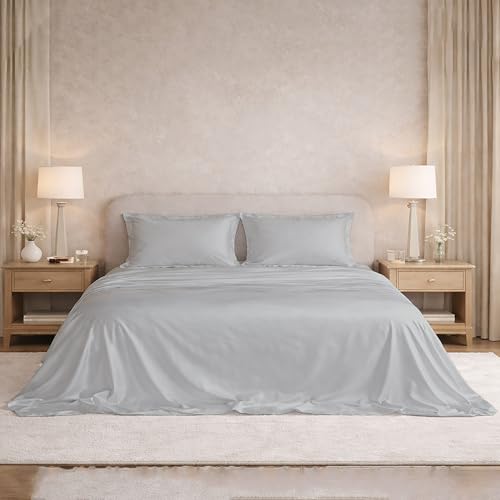Image of Filbert Satin Bedsheet with 2 Pillow Covers | 90x100 in |300 TC | Midnight Luxe Satin Dreams Collection for Double Bed | UltraSatin Premium Bedding Set | Silver Grey