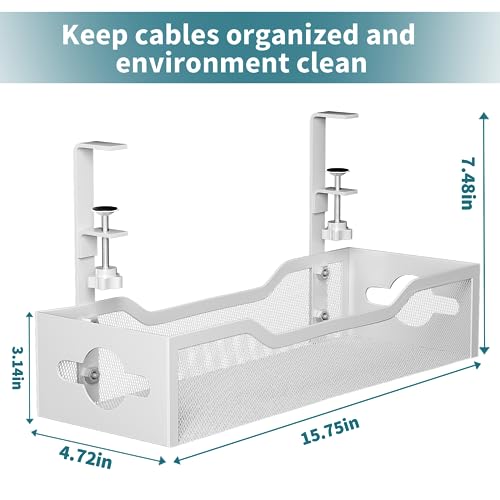 Image of Litwaro Under Desk Cable Management Tray White, No Drill Desk Cable Organizer with Clamp, 15 lbs Weight Capacity, Carbon Steel, Rectangular, Unfinished Metal Finish