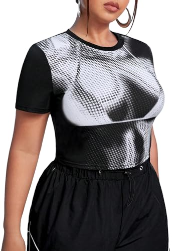 GORGLITTER Women's Plus Tees Crop Tops Y2k Graphic Body Print Short Sleeve Crew Neck T Shirt Going Out Tops Black and White 4X-Large Plus
