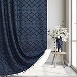 Siiluminisoy Boho Farmhouse Shower Curtain, 72 x 72 Tufted Chevron Textured Striped Navy Blue Fabric Shower Curtain for Bathroom