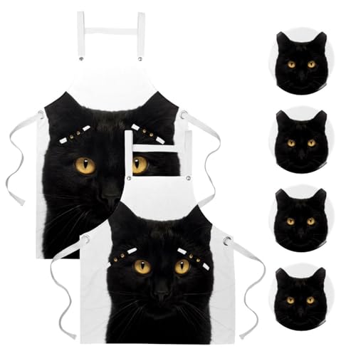 Lot de 2 tabliers de cuisine chat noir avec broches pour restaurant et bar