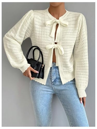 Image of Milumia Women's Tie Up Bishop Long Sleeve Cardigan Hollow Out Knit Sweater Tops Apricot Large