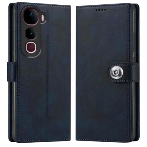 Image of Genuine Leather Inside Back TPU Wallet Button | Magnetic Stand Dual Layer Flip Cover Compatible for Vivo V2439 / Y400 Pro 5G - Navy Blue