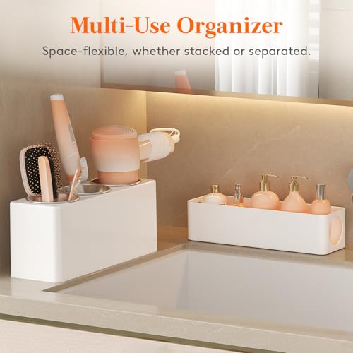 Lifewit Hair Tool Organizer, Hair Blow Dryer Holder Countertop, Removable Hair Brush Storage Stand for Hair Styling Tools/Makeup Accessories in Bathroom, Vanity, Kitchen, 3 Stainless Cups 30cm, White