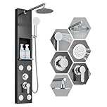 Black Powerful Shower Panel Tower System with Shelf Adjustable Rainfall Shower Faucet Set Bath Shower Column, 4 Body Jets and Handheld Shower Wall Mount Stainless Steel Shower Column