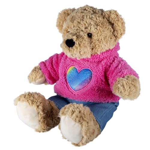 Splodge Teddy Parties - Kapuzenpullover mit pelzigem Herz und Jeans-Outfit - Teddybär-Kleidung - Größe: 40 cm, passend für Build a Bear, Rose