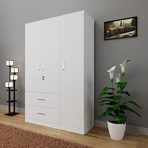 Image of VIKI Wardrobe | Wooden Almirah for Clothes,Door for Bedroom, 3 Door Wardrobe with Drawer & Hanging Space (Frosty White - 40D x 120W x 180H) | 1 Year Warranty | Free Assembly